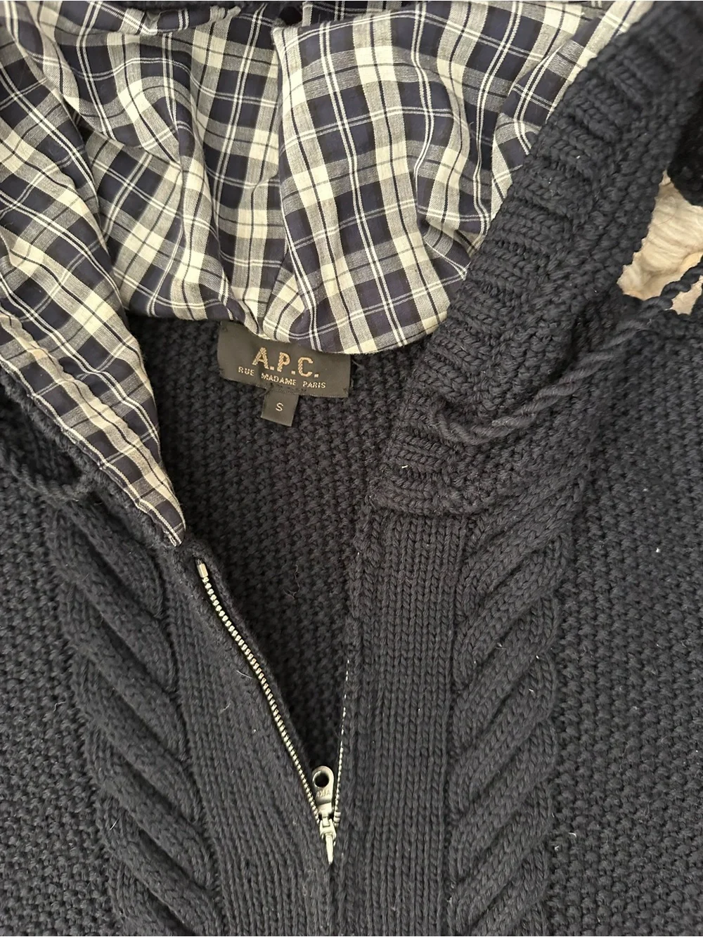 A.P.C. Zip up cardigan w/ plaid lined hood merino wool navy size small